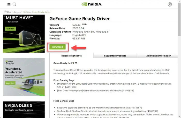 Download the Nvidia Game Ready driver