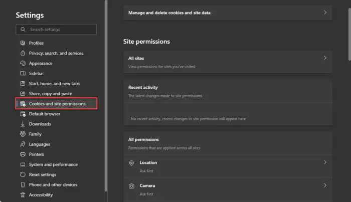 Edge Cookies and site permissions tab