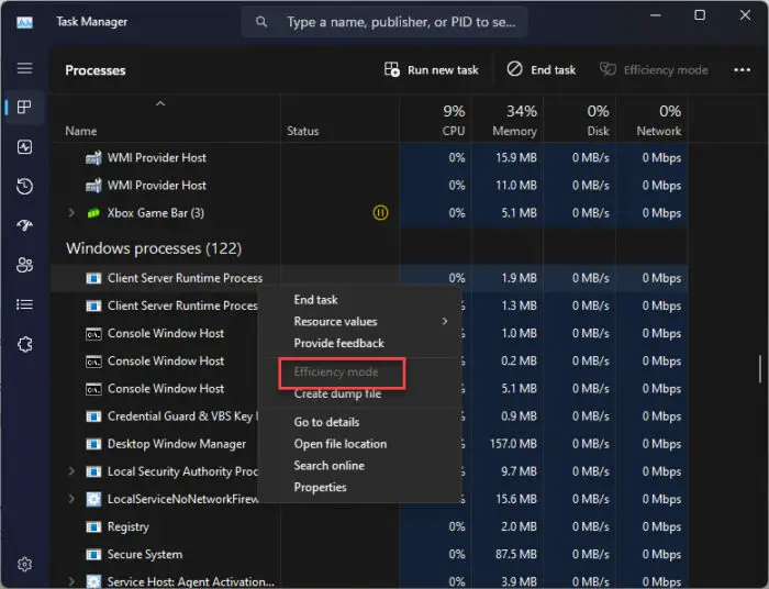 Efficiency mode is unavailable for Client Server Runtime Process