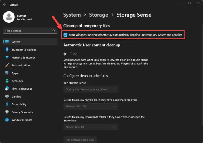 Enable automatic cleanup of temporary files using Storage Sense