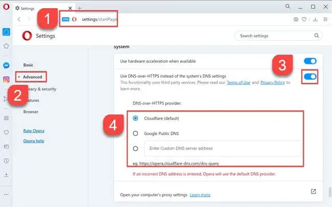 Enable DNS over HTTPS in Opera browser