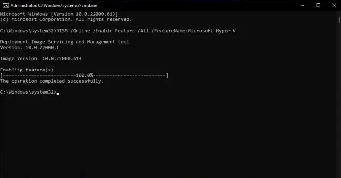 Enable Hyper V using Command Prompt