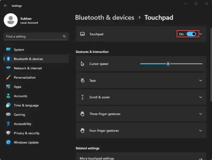 Enable or disable the touchpad from Settings app