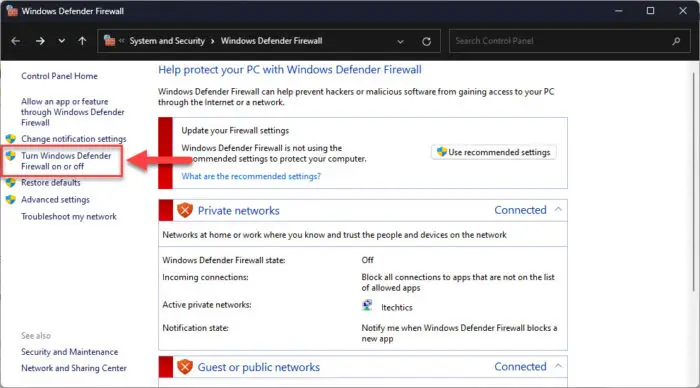 Enable or disable Windows Defender Firewall