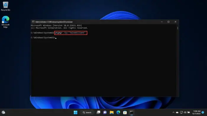 Enable telnet from Command Prompt