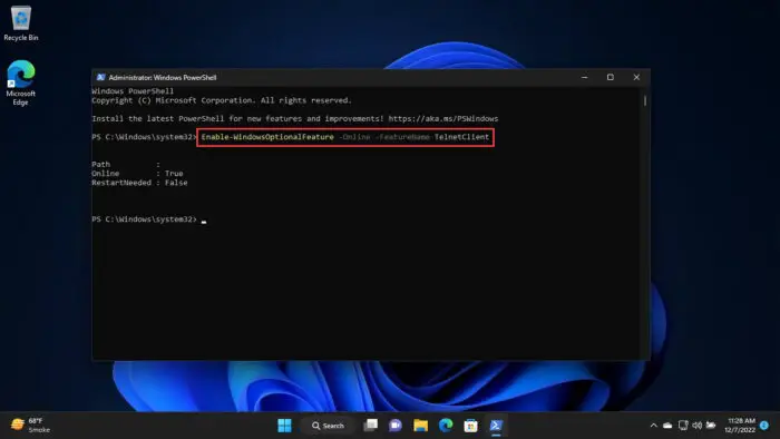 Enable telnet using PowerShell