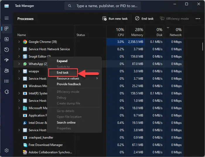 End task from Task Manager