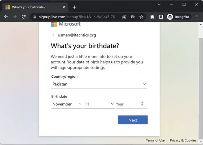 Enter birthdate and country Microsoft Account