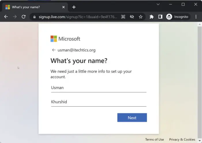 Enter your name to create Microsoft ID