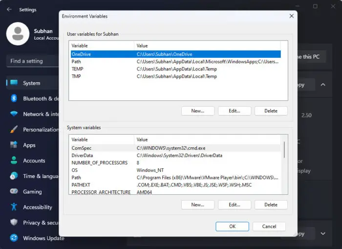 Environmental Variables window