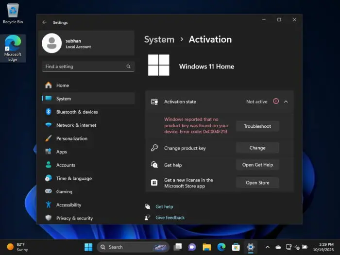 Example for when Windows 11 is not activated