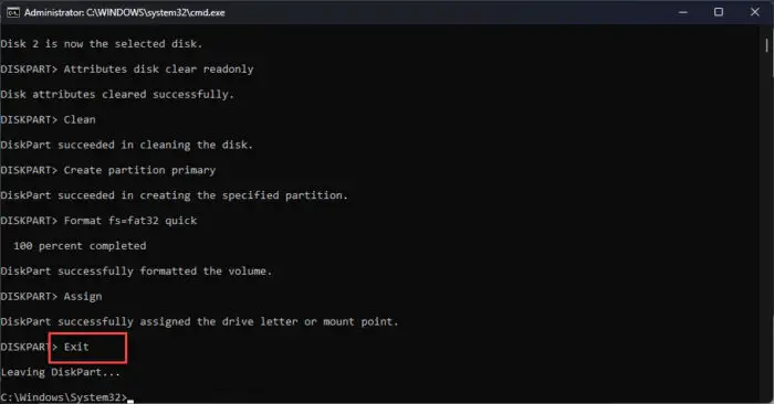 Exit the Diskpart mode 1