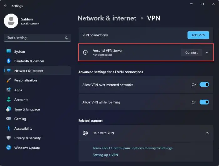 Expand the VPN profile
