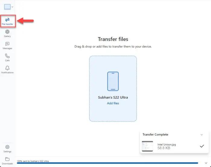 File transfer via Intel Unison