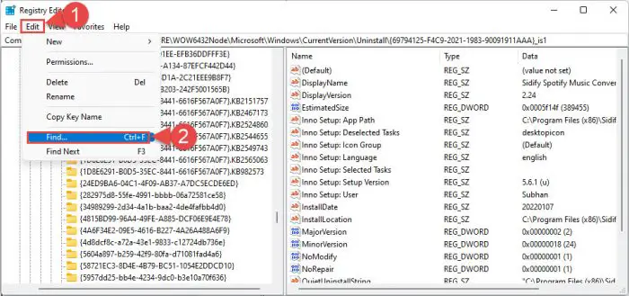 Search inside the Registry Editor