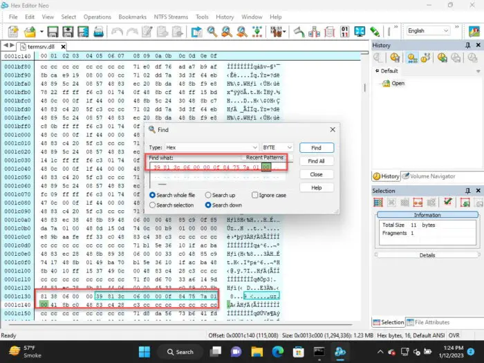 Find and replace hex values in Termsrv ini