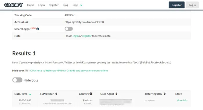 Find IP address details from Grabify