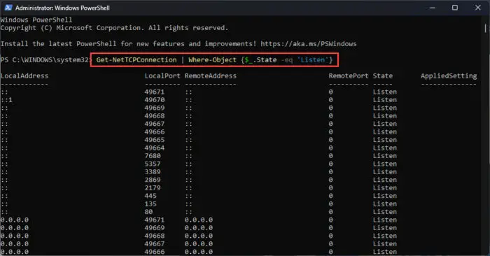 Find listening network ports using PowerShell