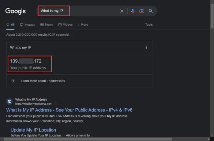 Find public IP address using Google