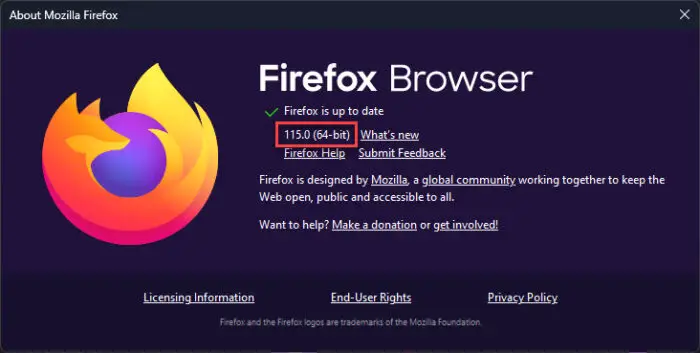 Firefox successfully updated to version 115