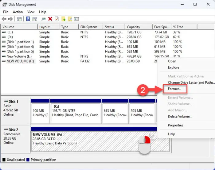 Format drive from the Disk Management Console