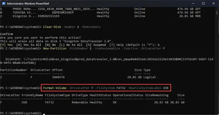 Format USB drive from PowerShell