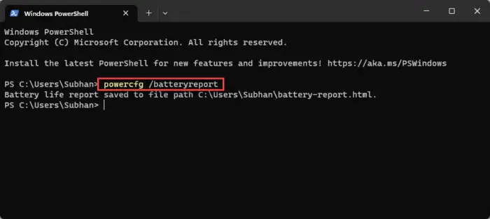 Generate battery report on Windows 11 using Terminal
