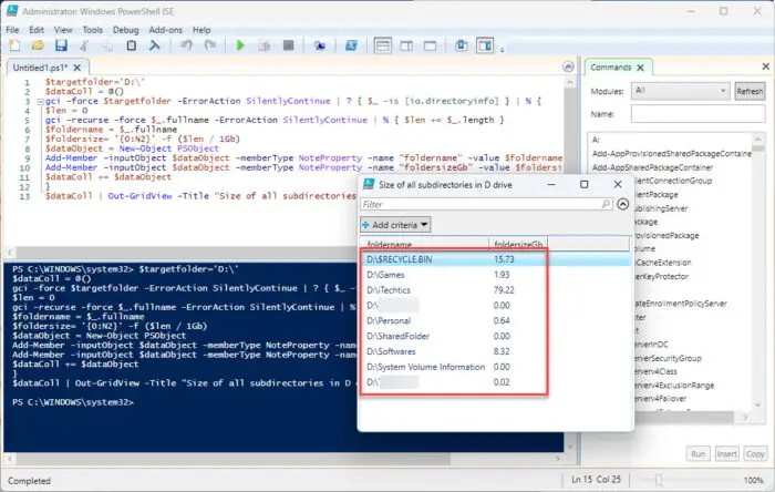 Get all subdirectory folder sizes using PowerShell script