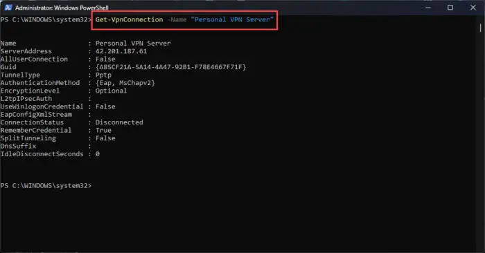 Get details on specific VPN profile of current user in PowerShell