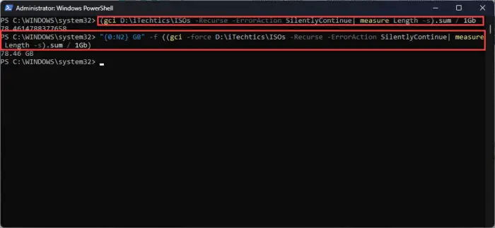 Get folder and sub folder sizes using Recurse parameter in PowerShell