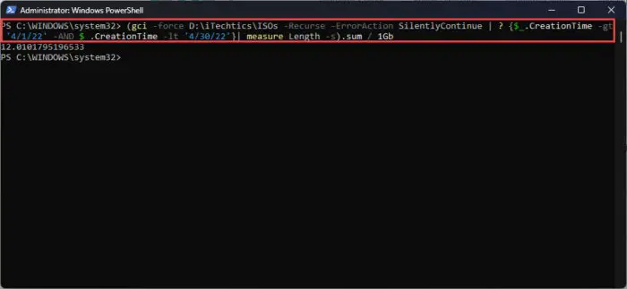 Get folder and sub folder sizes with time filter using PowerShell