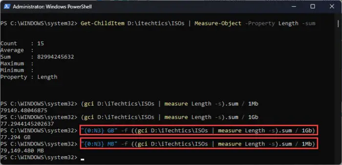 Get folder size rounded off to decimal using PowerShell