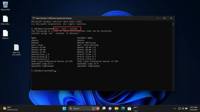 Get list of all available Linux distros in Command Prompt