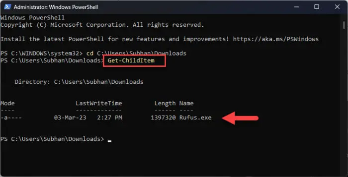 get list of elements inside directory in PowerShell using Get ChildItem