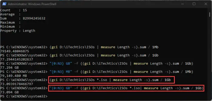 Get size of specific file type items using PowerShell