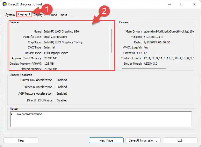 GPU details in DirectX Diagnostic Tool