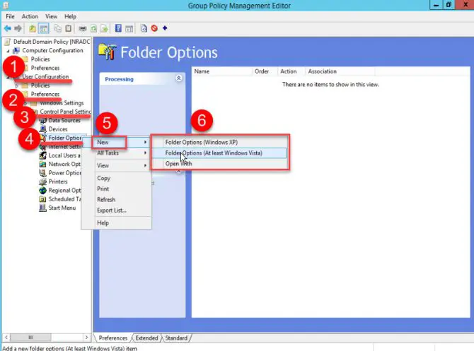 Group Policy management folder options for domain