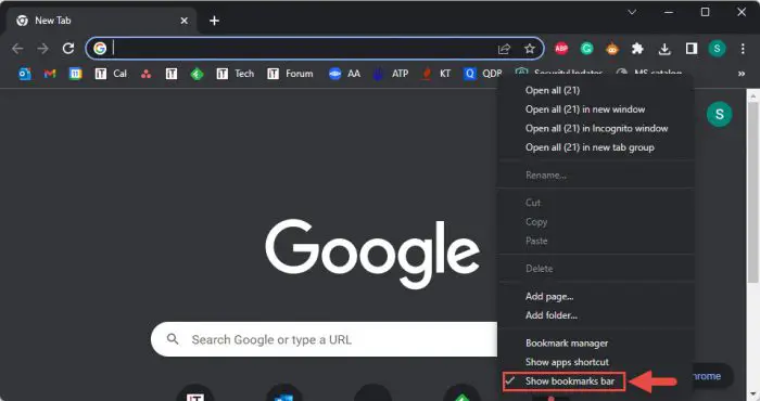 Hide bookmarks bar through context menu