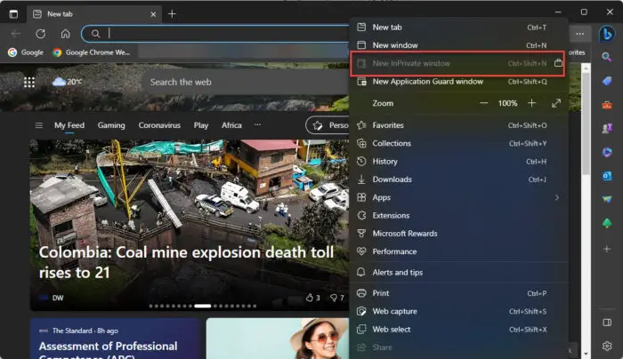 InPrivate browsing disabled in Microsoft Edge