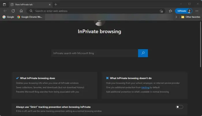 InPrivate window of Microsoft Edge