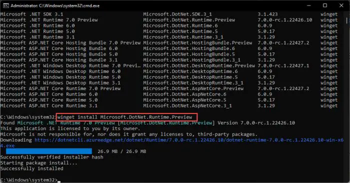 Install NET package using winget