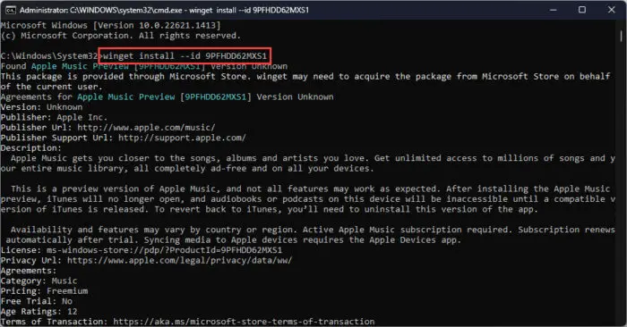 Install Apple Music from Command Prompt