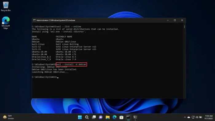 Install specific WSL distro