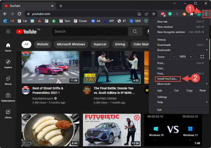 Install YouTube app from Google Chrome