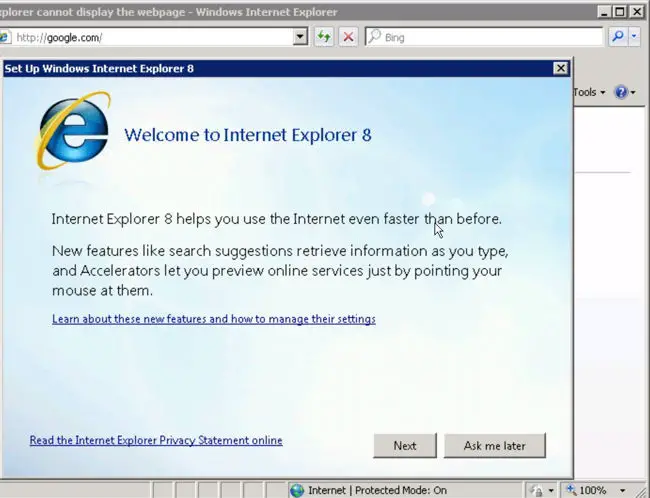 Internet Explorer 8 welcome screen