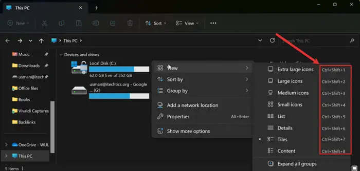 Keyboard shortcuts in File Explorer context menu