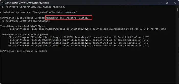List all quarantined files in Command Prompt