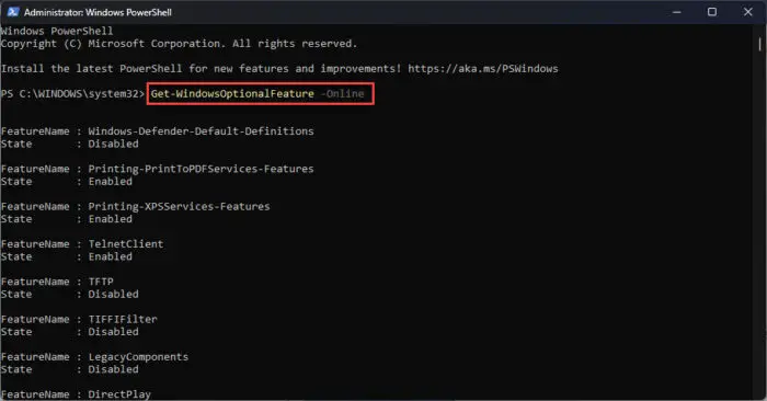 List all Windows optional features in PowerShell