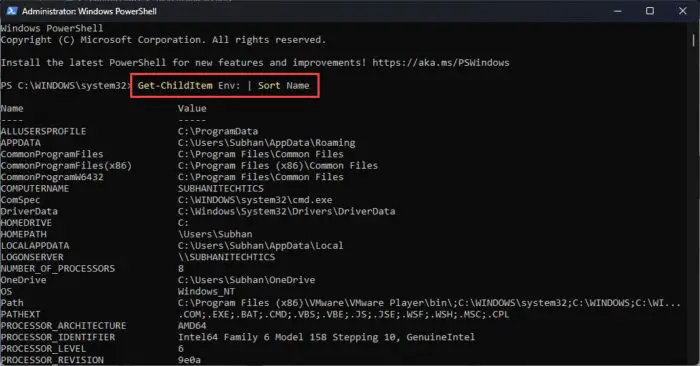 List environmental variables in PowerShell