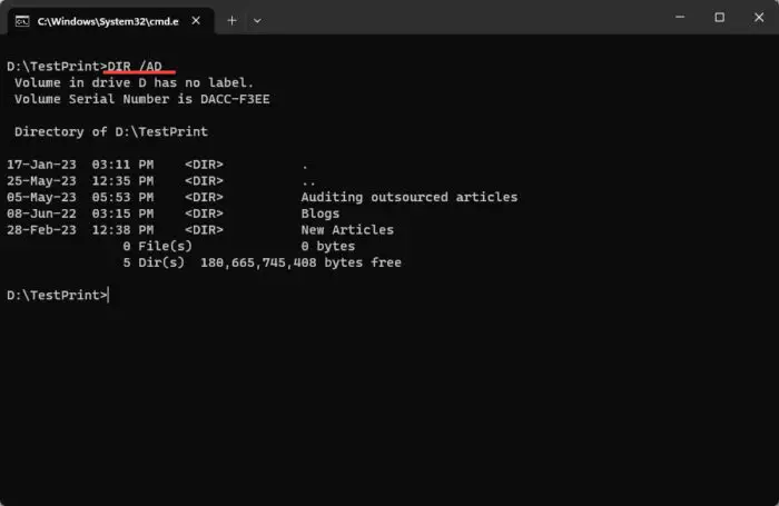 List only folders in the current directory in Command Prompt